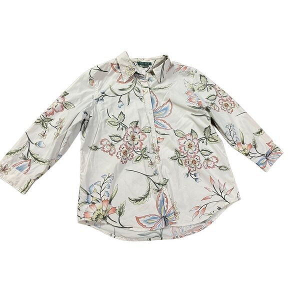 Ralph Lauren Women Spring Floral Print Beige Button Down Shirt Sz XL - Picture 6 of 10